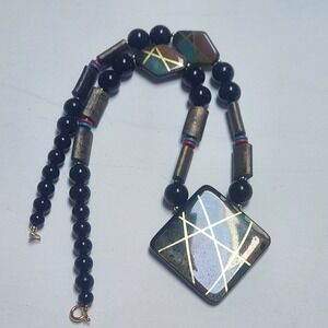 Vintage Japan Necklace Black Gold Mixed Artisan 22"Geometric Abstract Statement